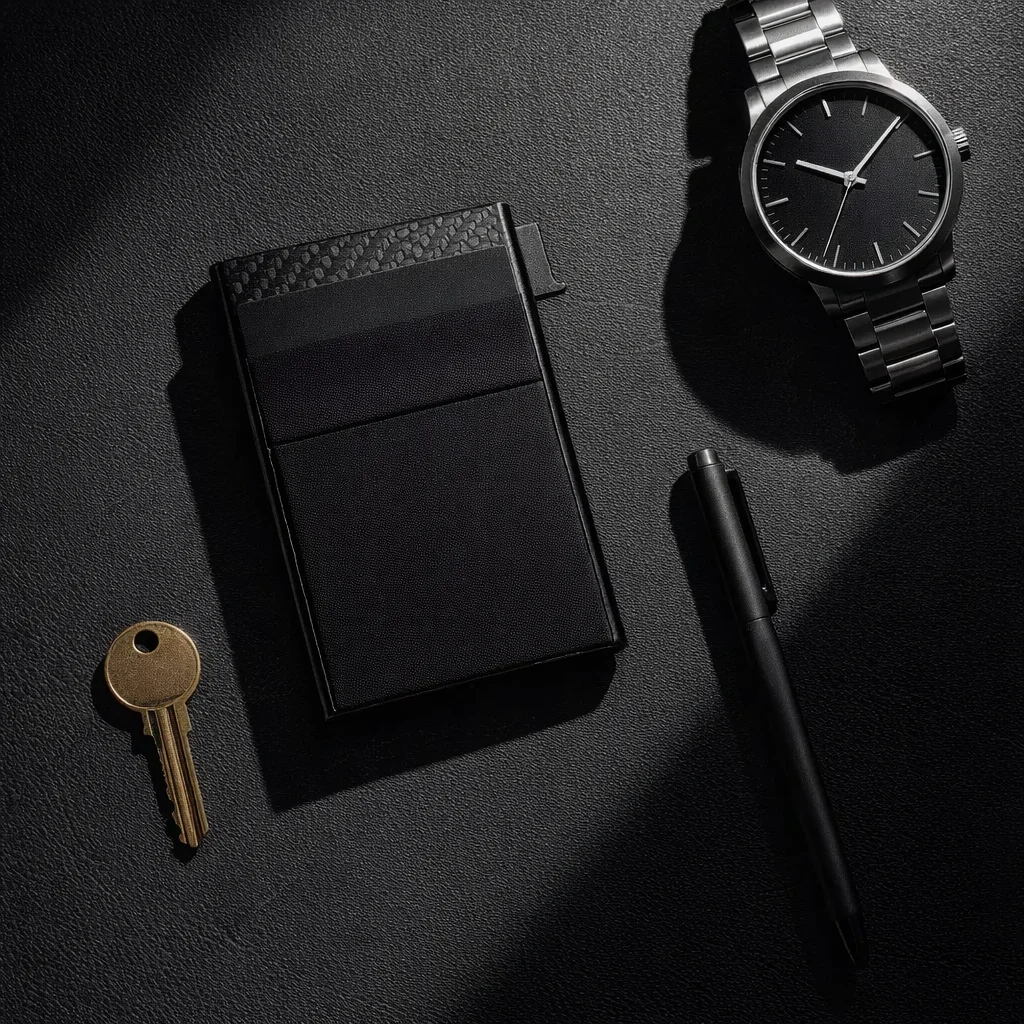 Vaultek RFID blocking thin minimalist wallet flat-lay with everyday carry essentials