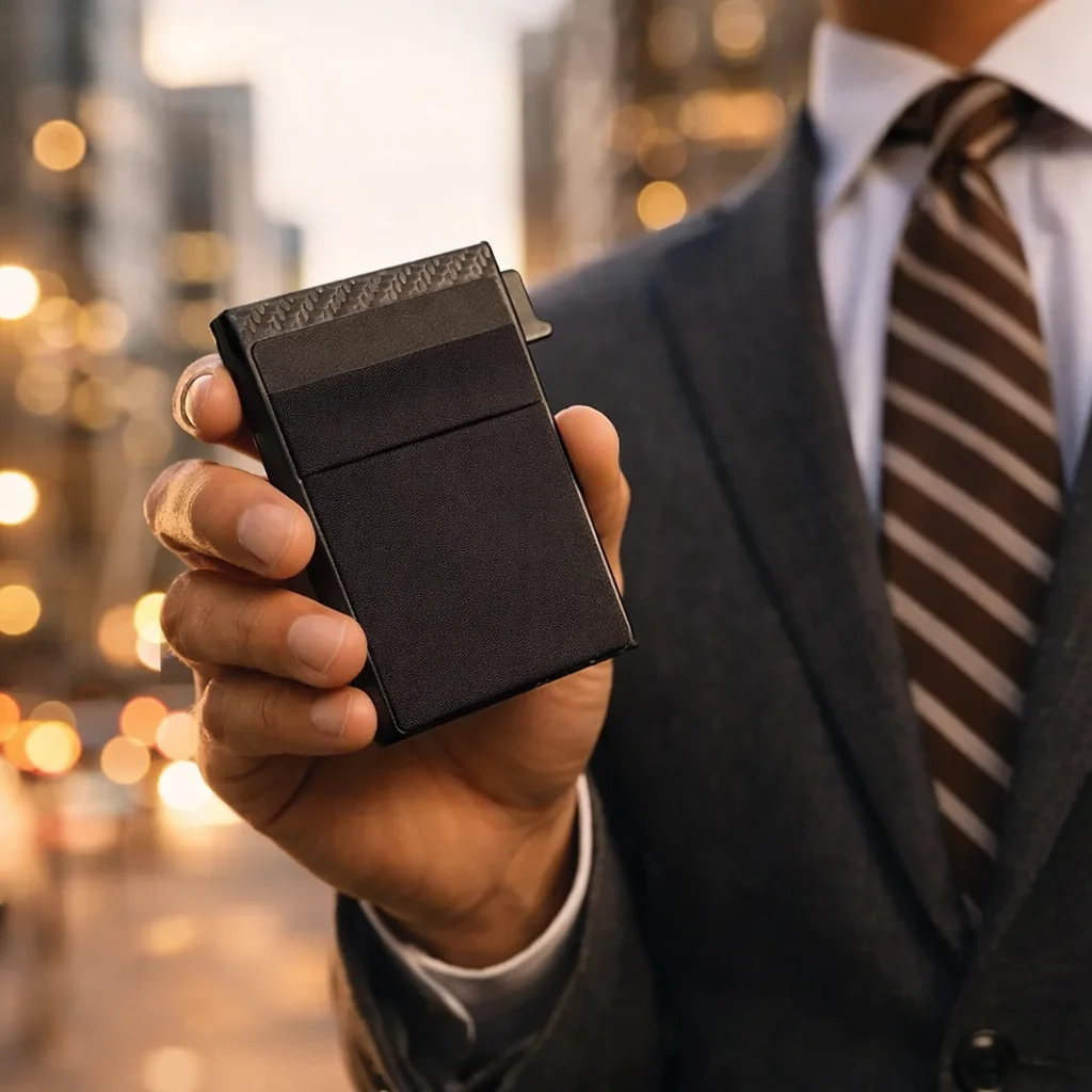 Slim minimalist wallet for men held in hand in an urban setting - Vaultek RFID card holder