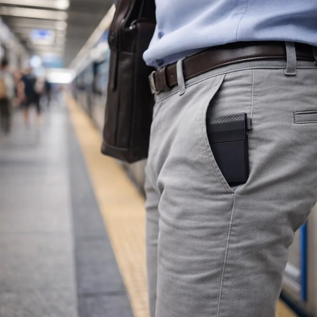 Thin minimalist wallet for men fitting perfectly in slim trouser front pocket during daily commute
