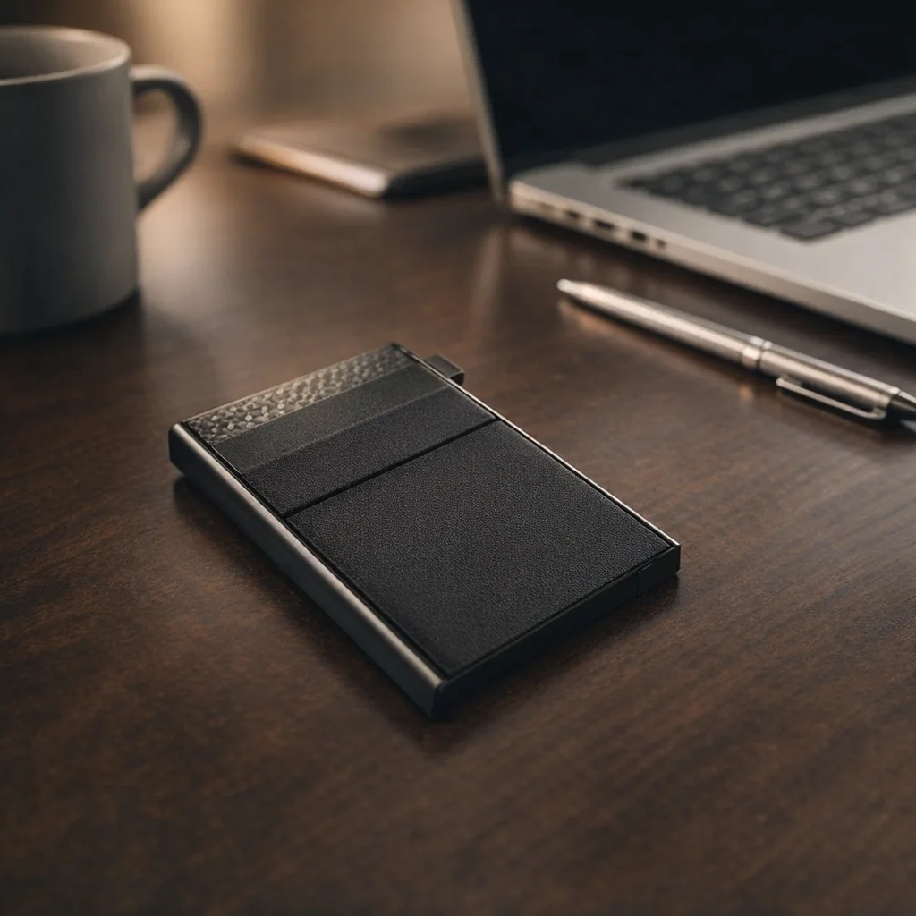Vaultek thin minimalist wallet for men on a modern work desk showing slim everyday carry