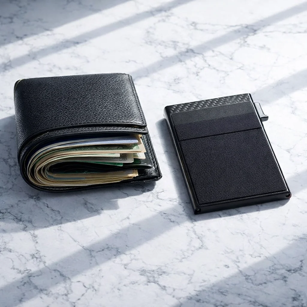 thin minimalist wallet compared to a bulky traditional wallet showing the slim profile difference
